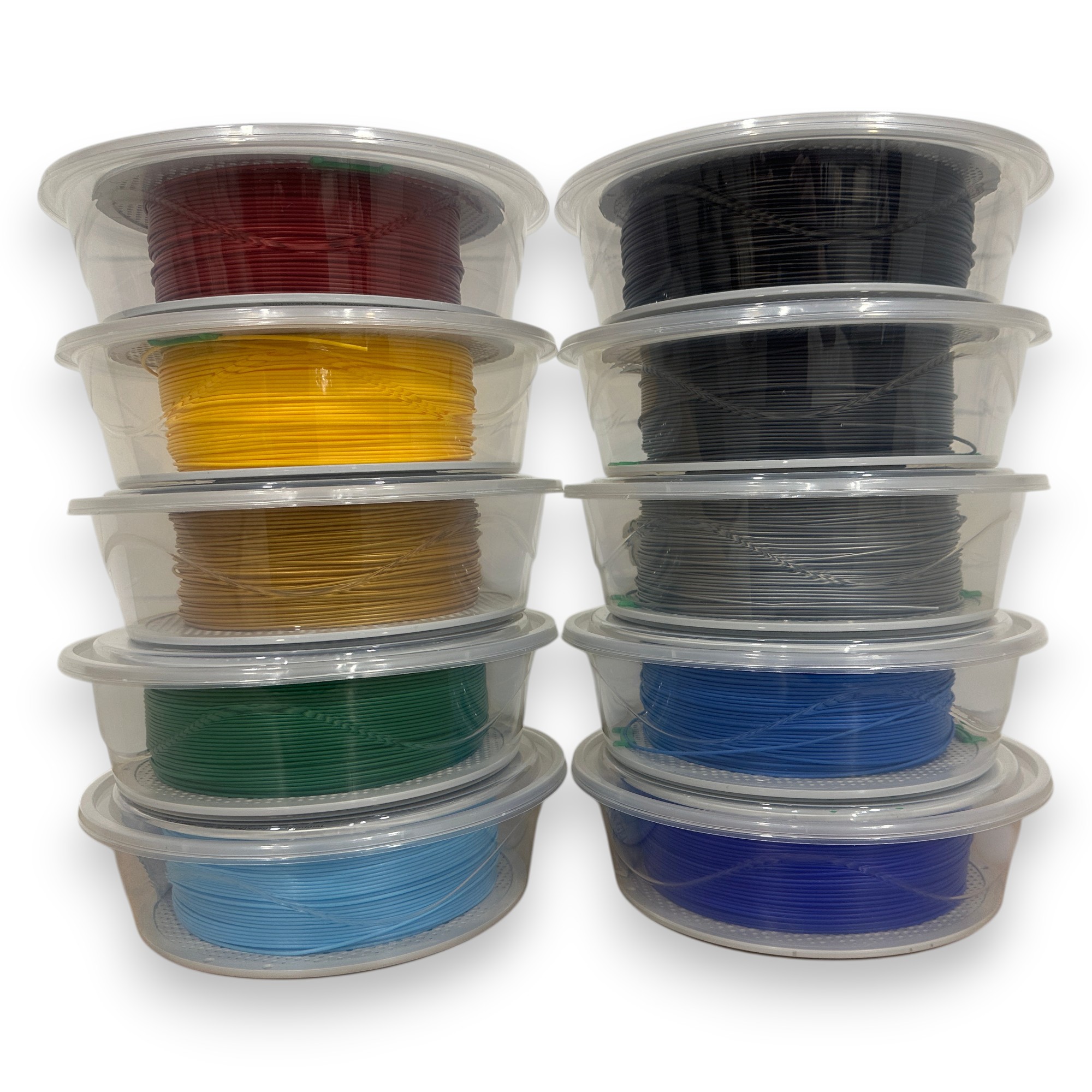 DRY STACK containers with colorful filament spools